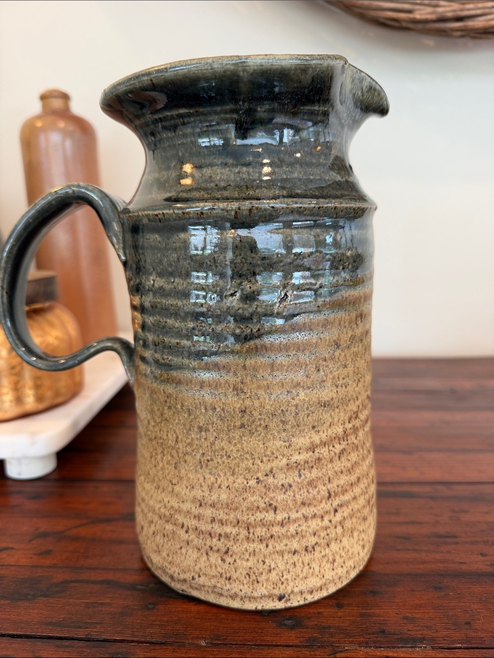 Handcrafted Rustic Signed Ceramic Pitcher in Olive Green and Tan.